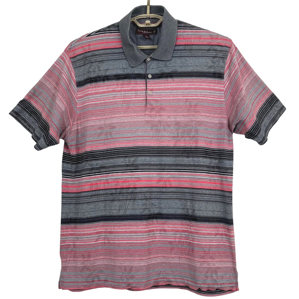 Tommy Bahama Mens 18 Golf Polo Shirt XL Grey Red Striped Cotton Blend Palm Print